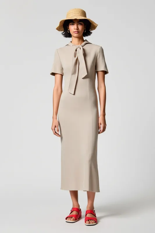 Simple Grey Satin Midi Wedding Guest Dress with Short Sleeves sold by Zapaka