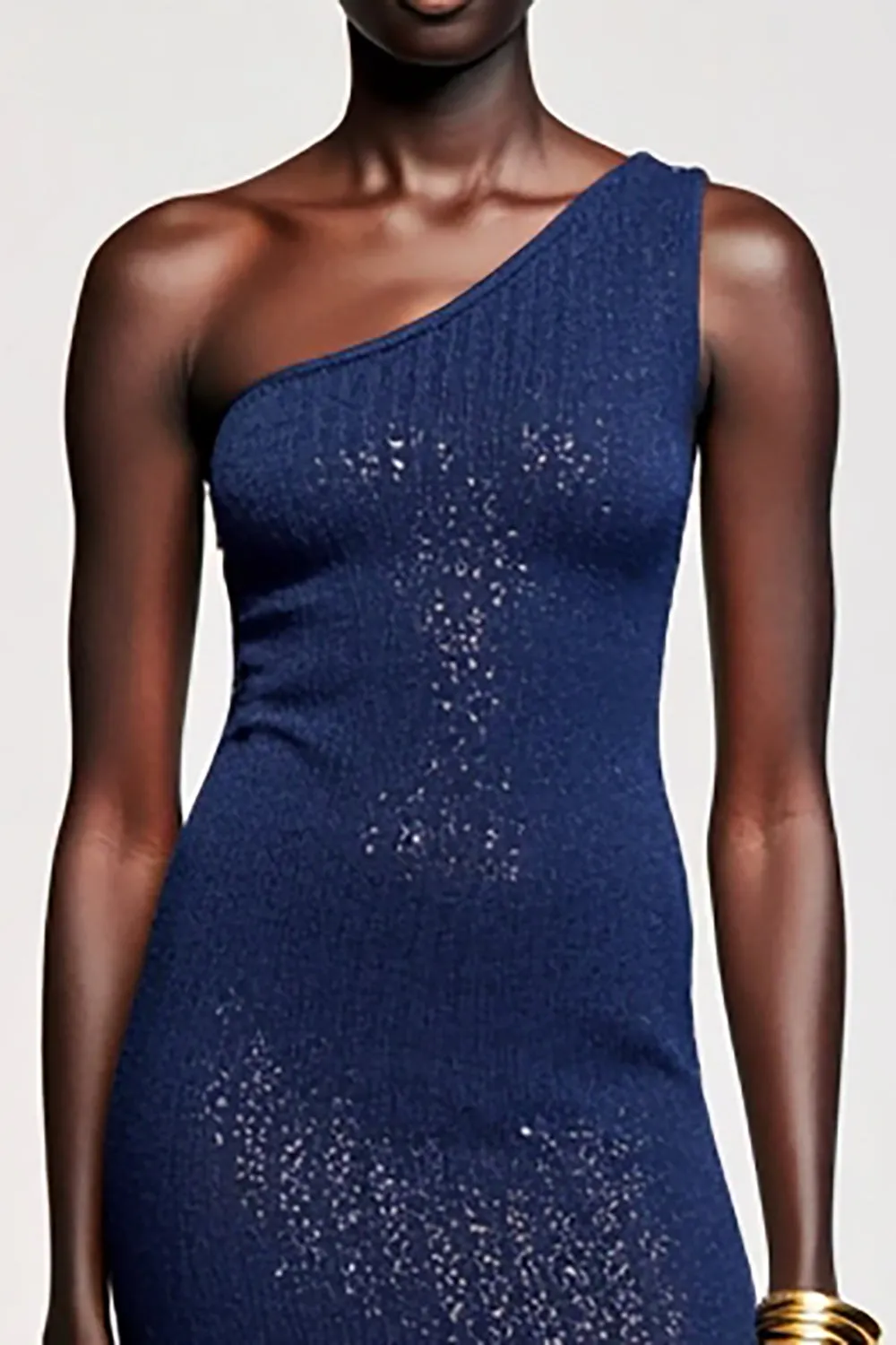 Dark Blue One Shoulder Jersey Wedding Guest Dress sold by Zapaka product image thumbnail 3