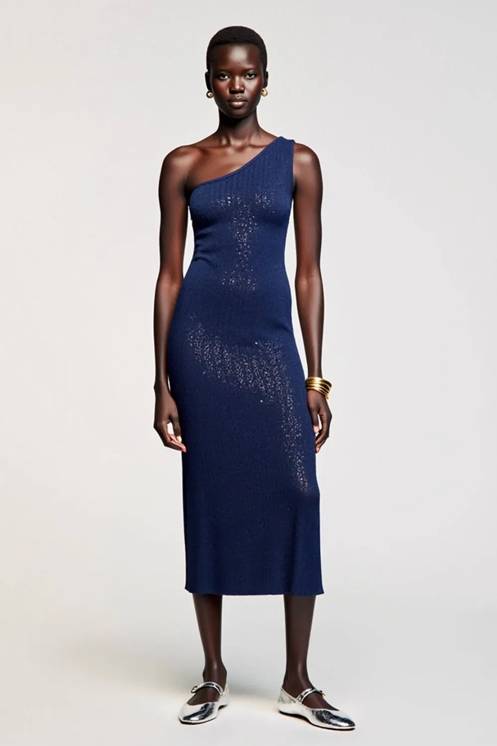 Dark Blue One Shoulder Jersey Wedding Guest Dress sold by Zapaka