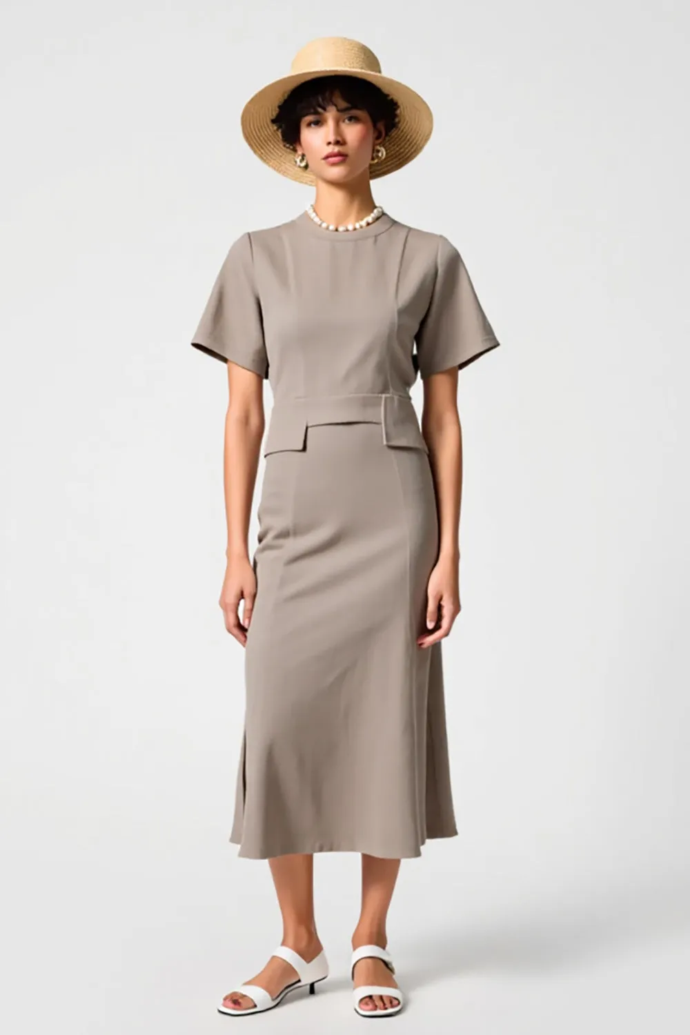 Grey Satin Round Neck Midi Wedding Guest Dress with Short Sleeves sold by Zapaka