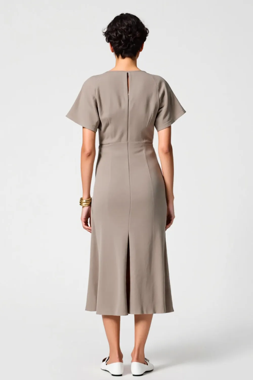 Grey Satin Round Neck Midi Wedding Guest Dress with Short Sleeves sold by Zapaka product image thumbnail 2