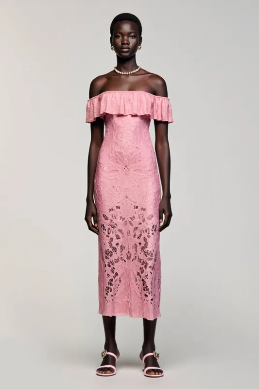 Pink Lace Sheath Off the Shoulder Wedding Guest Dress sold by Zapaka