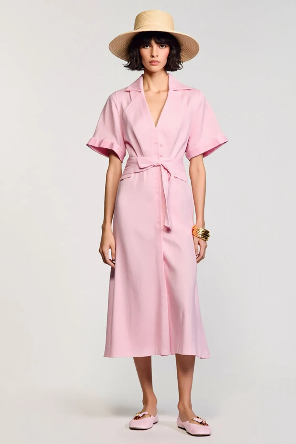 Pink A Line V-Neck Wedding Guest Dress with Sleeves sold by Zapaka