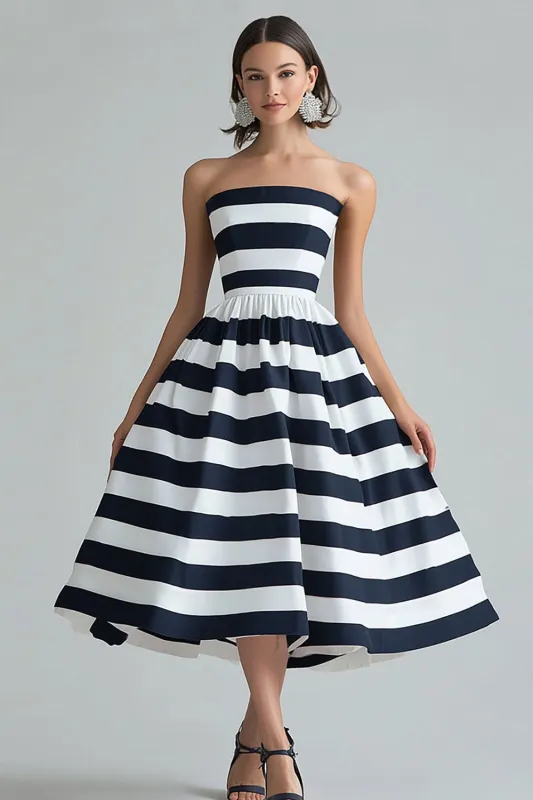Navy White Stripe Strapless A Line Midi Formal Dress sold by Zapaka