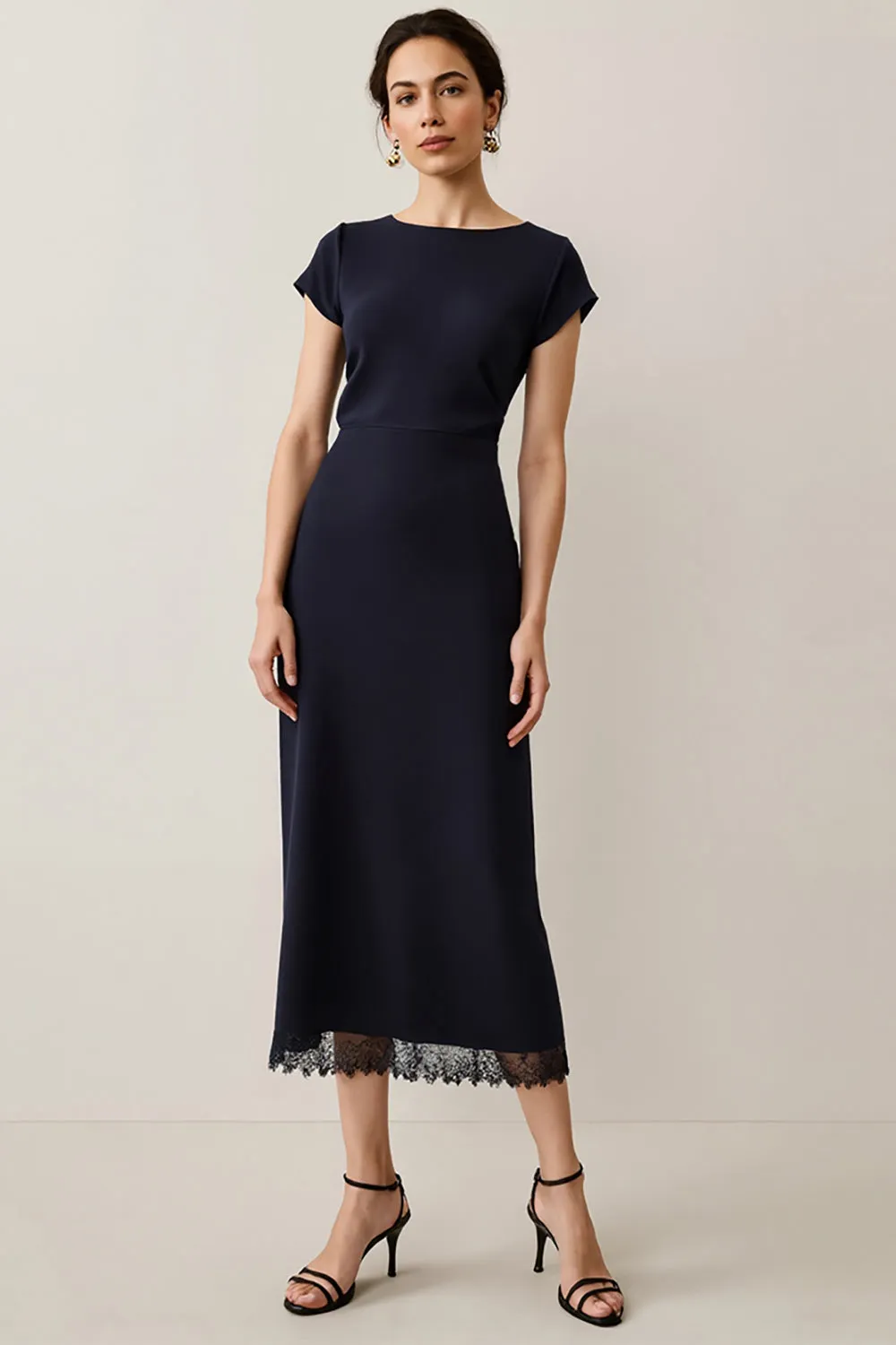 Navy Satin A Line Semi Formal Dress with Lace sold by Zapaka