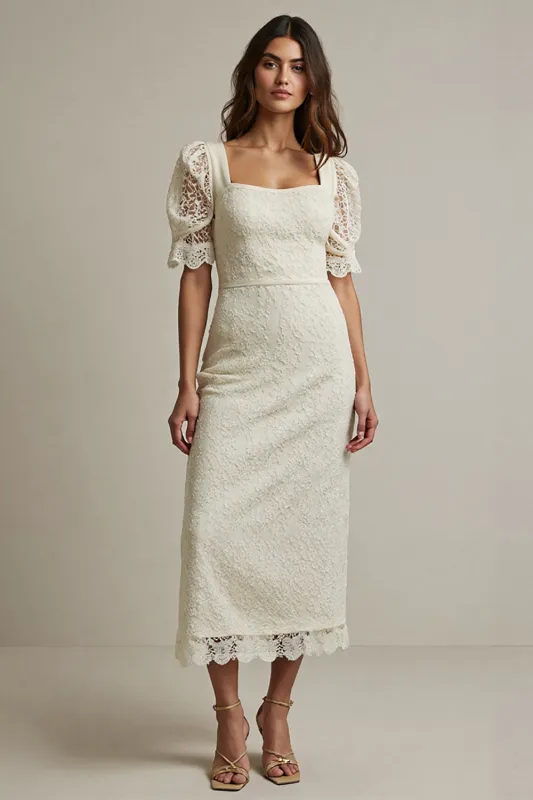 Apricot Sheath Lace Long Formal Dress with Short Sleeves sold by Zapaka
