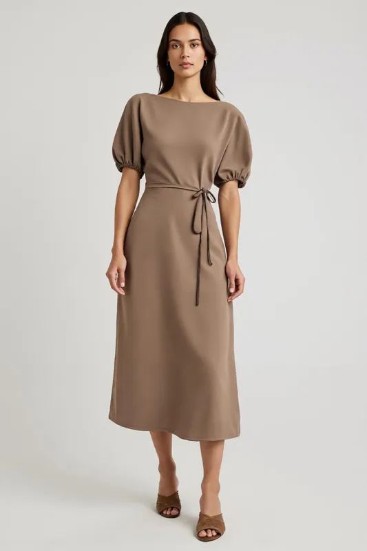 Coffee A Line Bateau Neck Tea Length Formal Dress with Sleeves sold by Zapaka