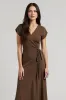 Brown A Line Satin V-Neck Semi Formal Dress with Sash sold by Zapaka