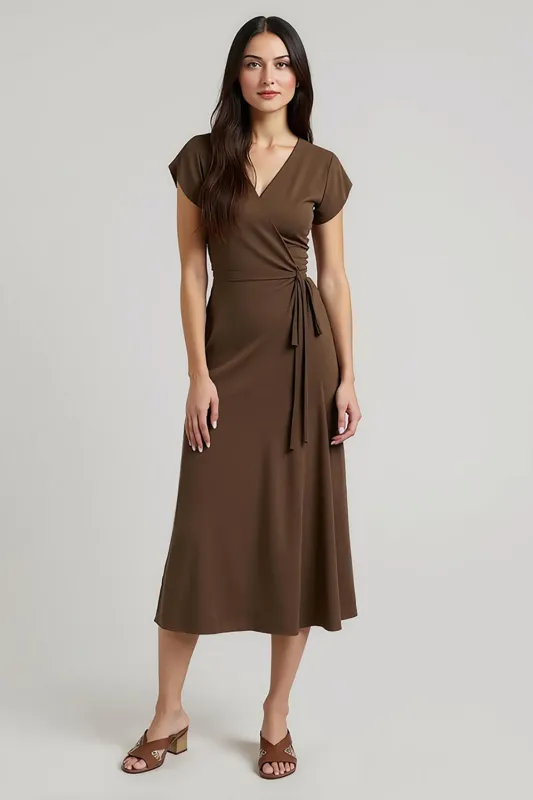 Brown A Line Satin V-Neck Semi Formal Dress with Sash sold by Zapaka