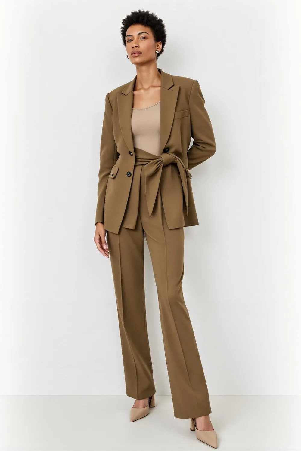 Brown 2 Piece Peak Lapel Double Breasted Women Suits sold by Zapaka