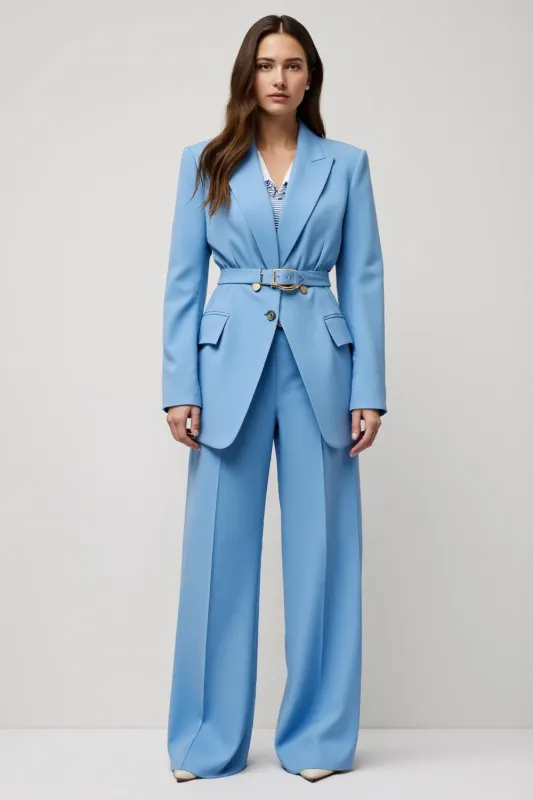 Blue 2 Piece Peak Lapel Women Suits with Belt sold by Zapaka
