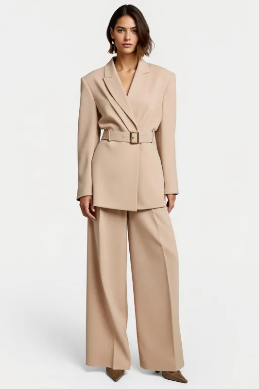 Apricot 2 Piece Peak Lapel Women Suits with Belts sold by Zapaka