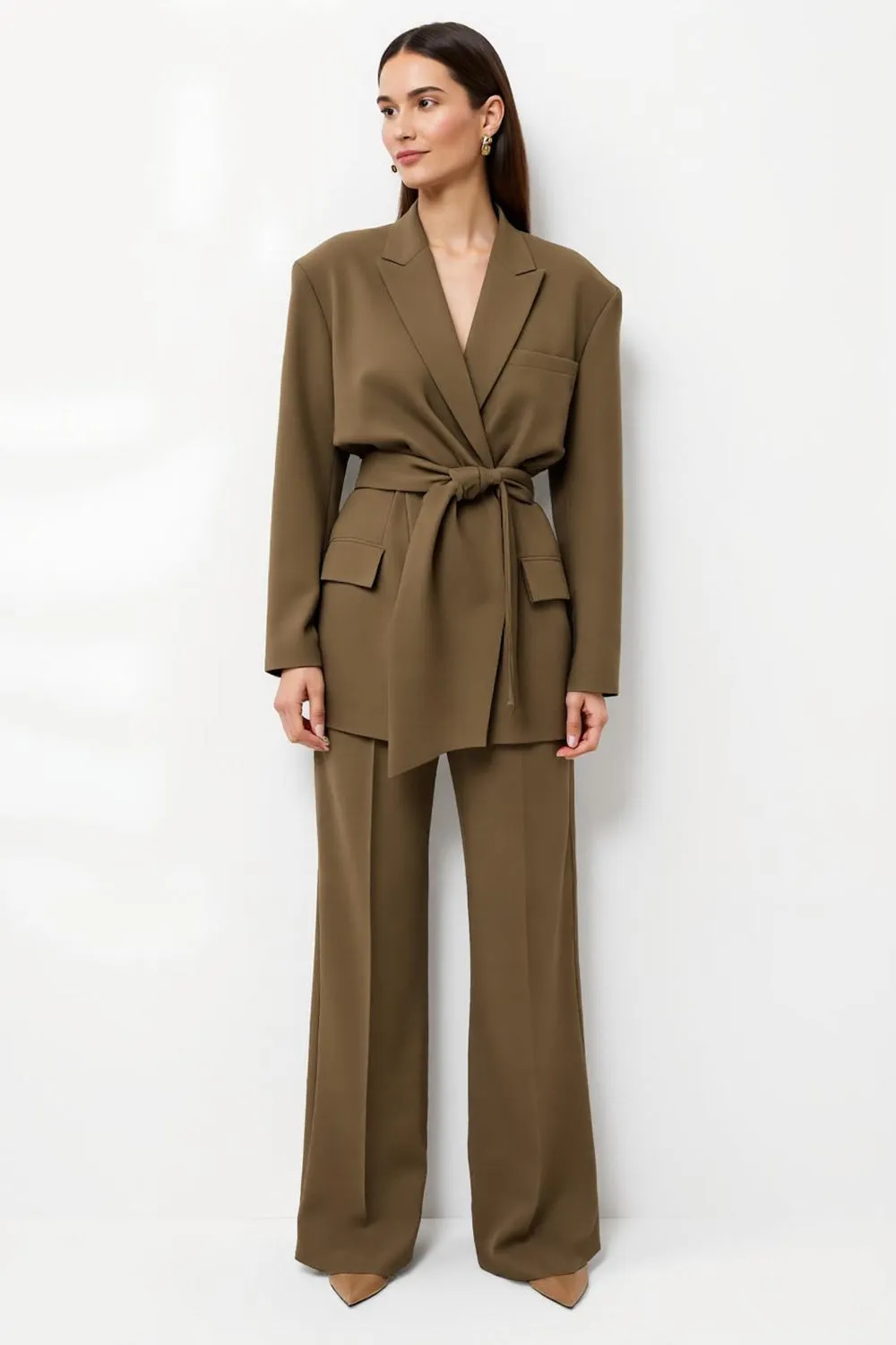 Brown Peak Lapel 2-piece Women Suits with Belt sold by Zapaka