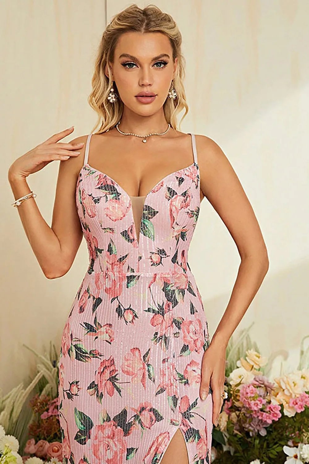 Sheath Flower Printed Blush Wedding Party Dress with Slit sold by Zapaka product image thumbnail 4