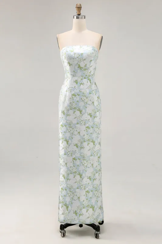 Strapless Printed White Blue Flower Sheath Bridesmaid Dress sold by Zapaka