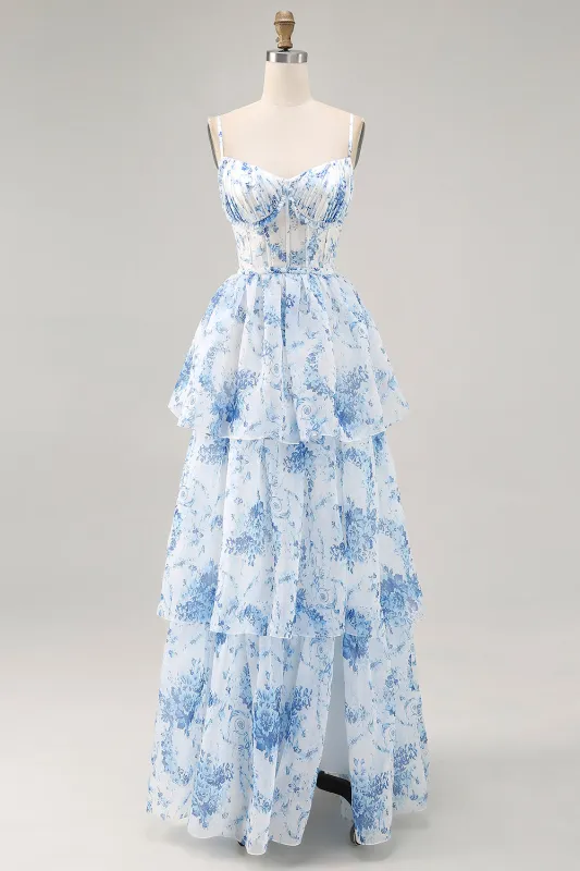 White Blue Flower A Line Printed Tiered Bridesmaid Dress with Slit sold by Zapaka