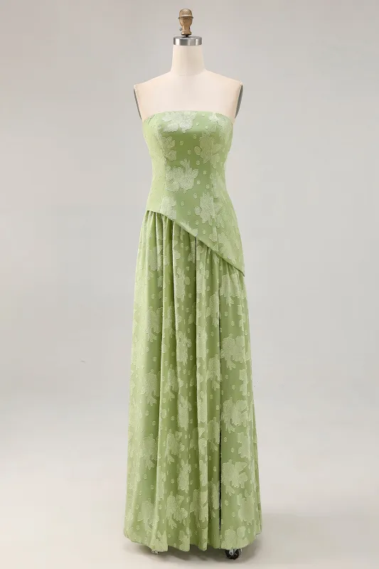 Floral Strapless Printed Sage Green Bridesmaid Dress with Slit sold by Zapaka