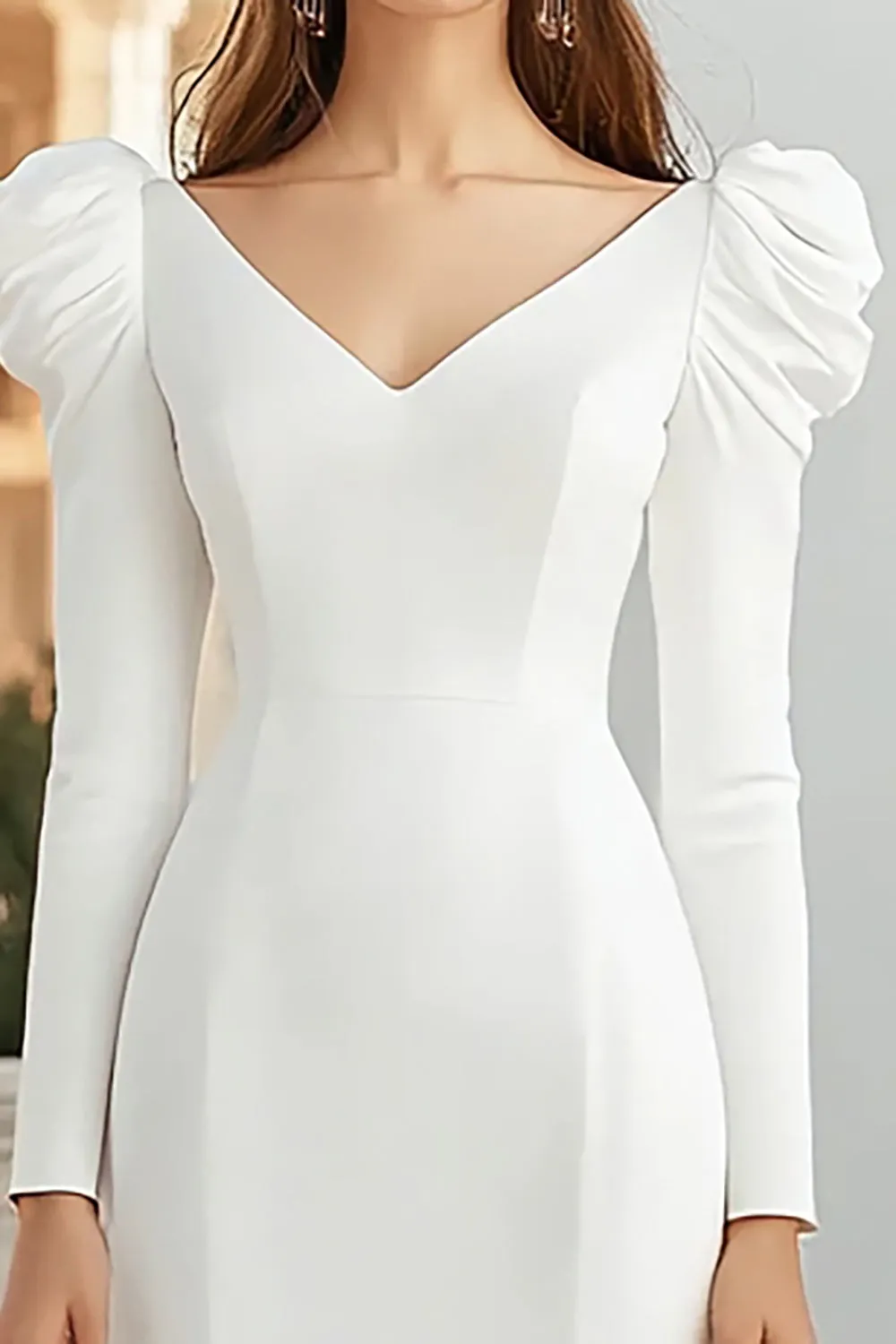 V Neck Ivory Sheath Satin Engagement Dress with Long Sleeves sold by Zapaka product image thumbnail 2