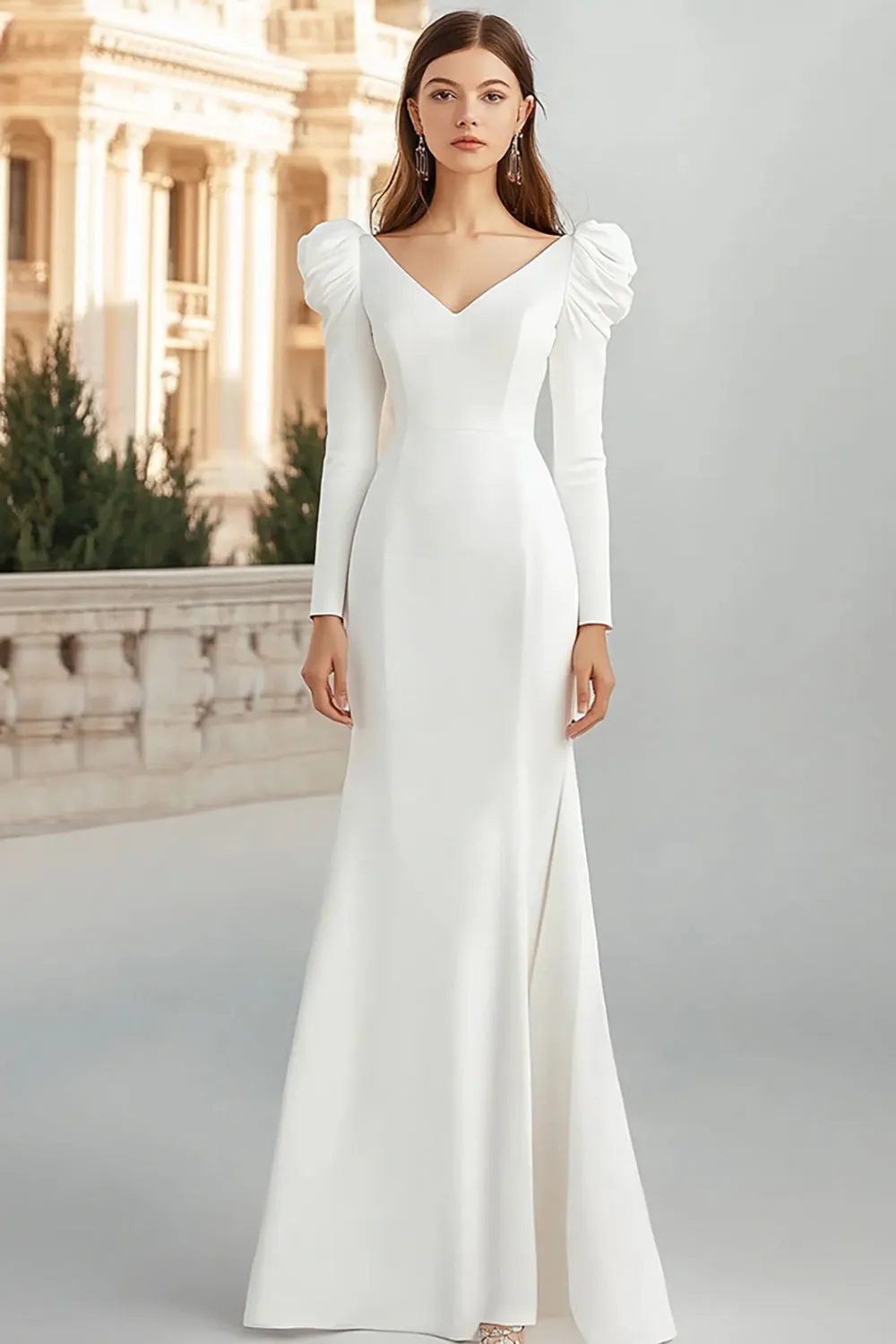 V Neck Ivory Sheath Satin Engagement Dress with Long Sleeves sold by Zapaka