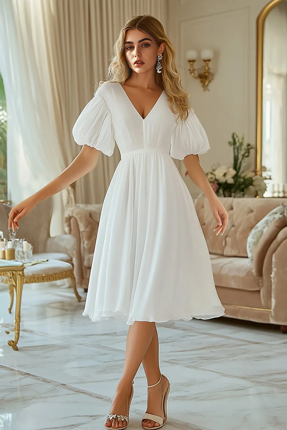 Chiffon Ivory A Line Puff Sleeve Midi Graduation Dress sold by Zapaka