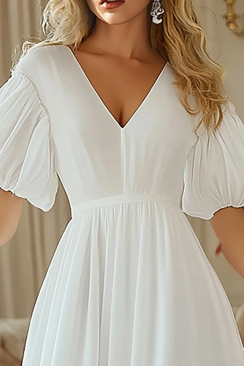 Chiffon Ivory A Line Puff Sleeve Midi Graduation Dress sold by Zapaka product image thumbnail 2
