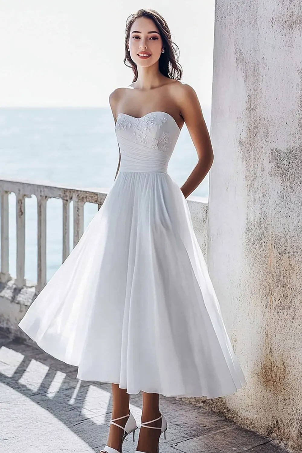 Ivory A Line Strapless Engagement Dress with Appliques sold by Zapaka