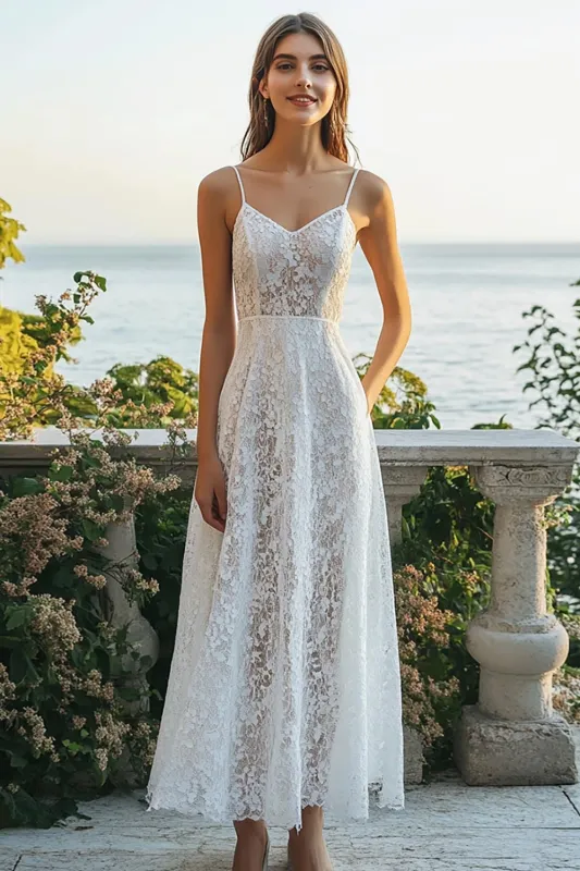 Ivory A Line Lace Spaghetti Straps Engagement Dress sold by Zapaka