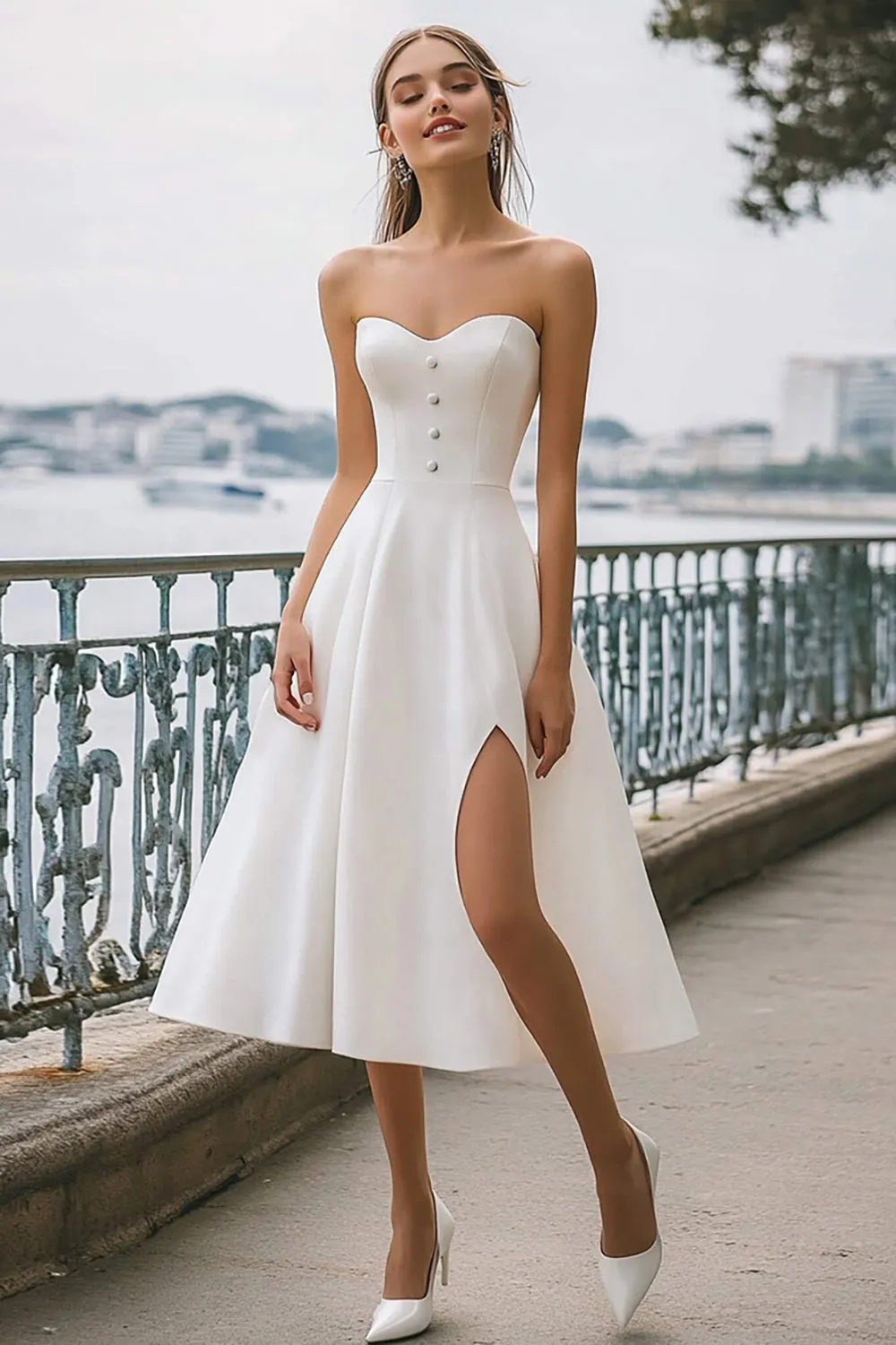 Ivory A-Line Sweetheart Strapless Engagement Dress with Slit sold by Zapaka