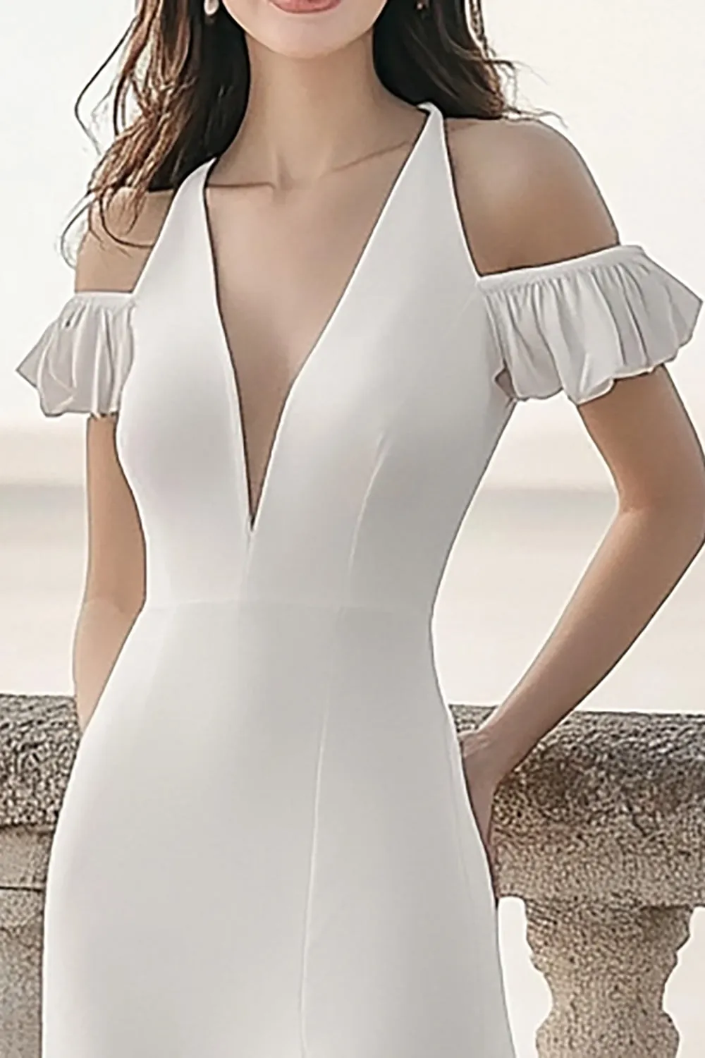 Ivory Halter Satin Long Engagement Dress with Short Puff Sleeves sold by Zapaka product image thumbnail 2