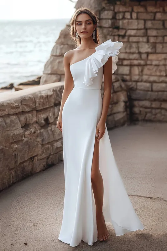 Ivory One Shoulder A-Line Ruffled Engagement Dress sold by Zapaka