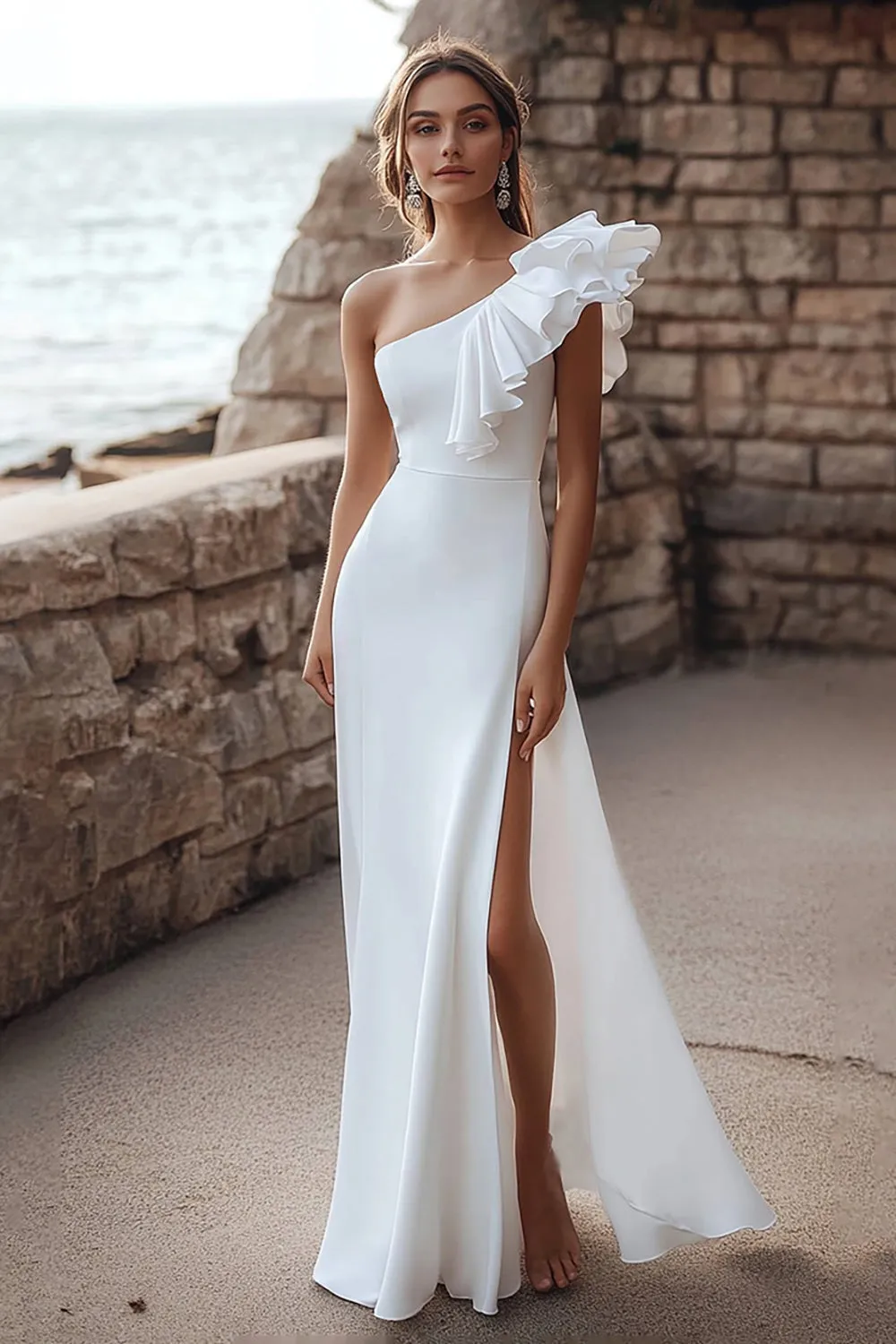 Ivory One Shoulder A-Line Ruffled Engagement Dress sold by Zapaka