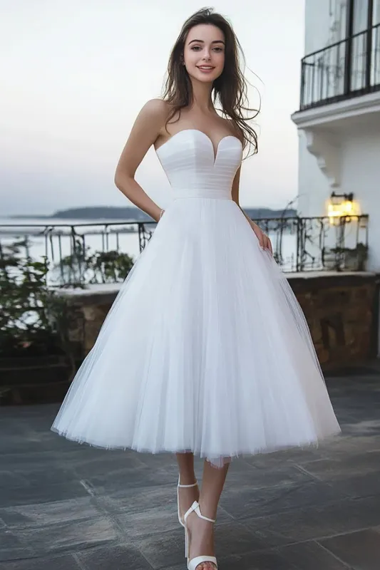 Ivory A Line Strapless Corset Tulle Engagement Dress made by Zapaka