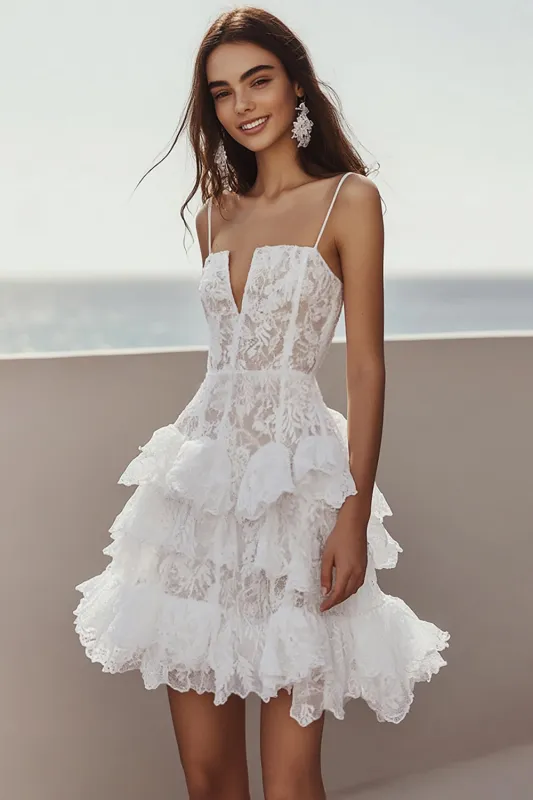 Ivory Lace Tiered Spaghetti Straps Short Engagement Dress sold by Zapaka