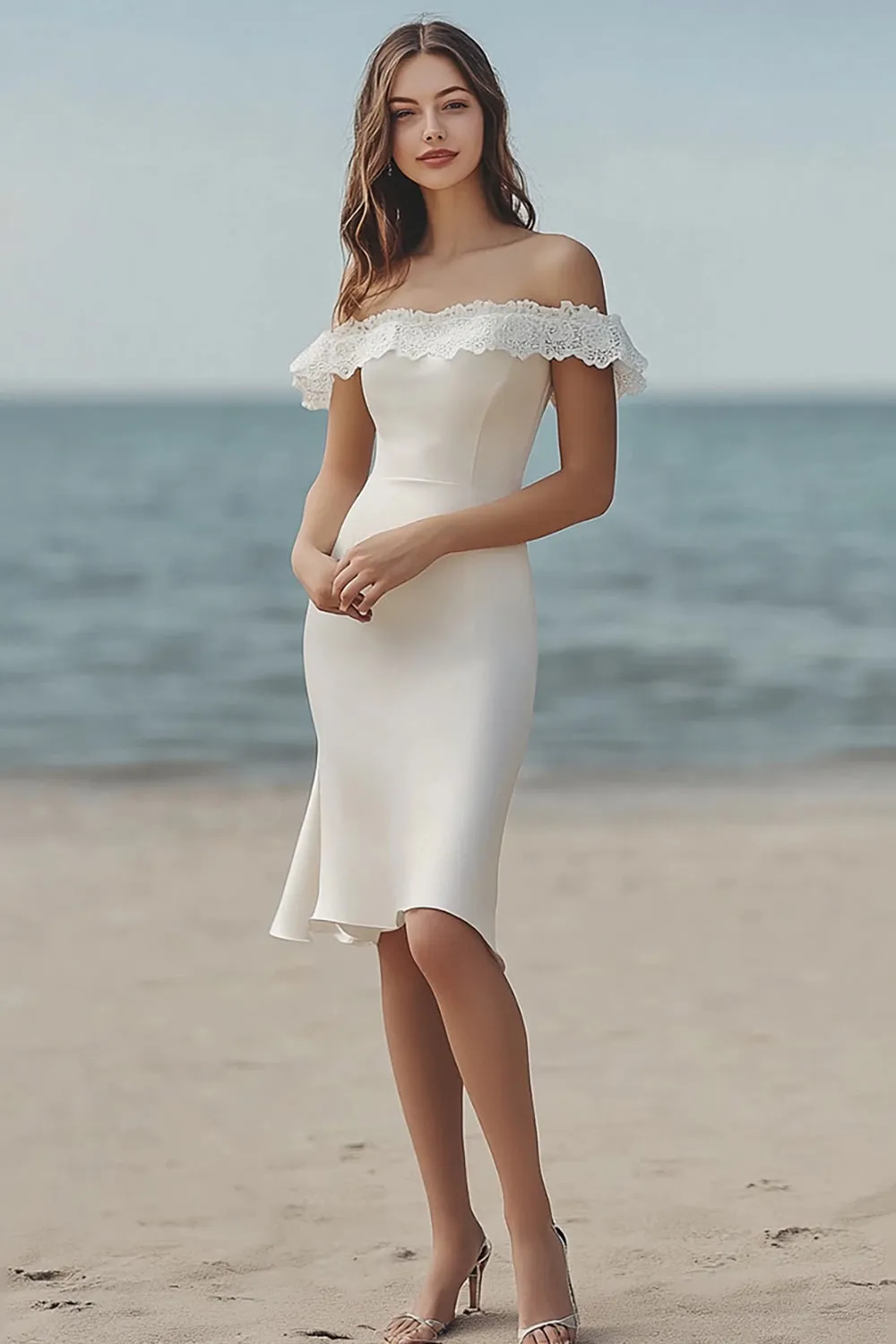 Ivory Off the Shoulder Bodycon Engagement Dress with Lace sold by Zapaka