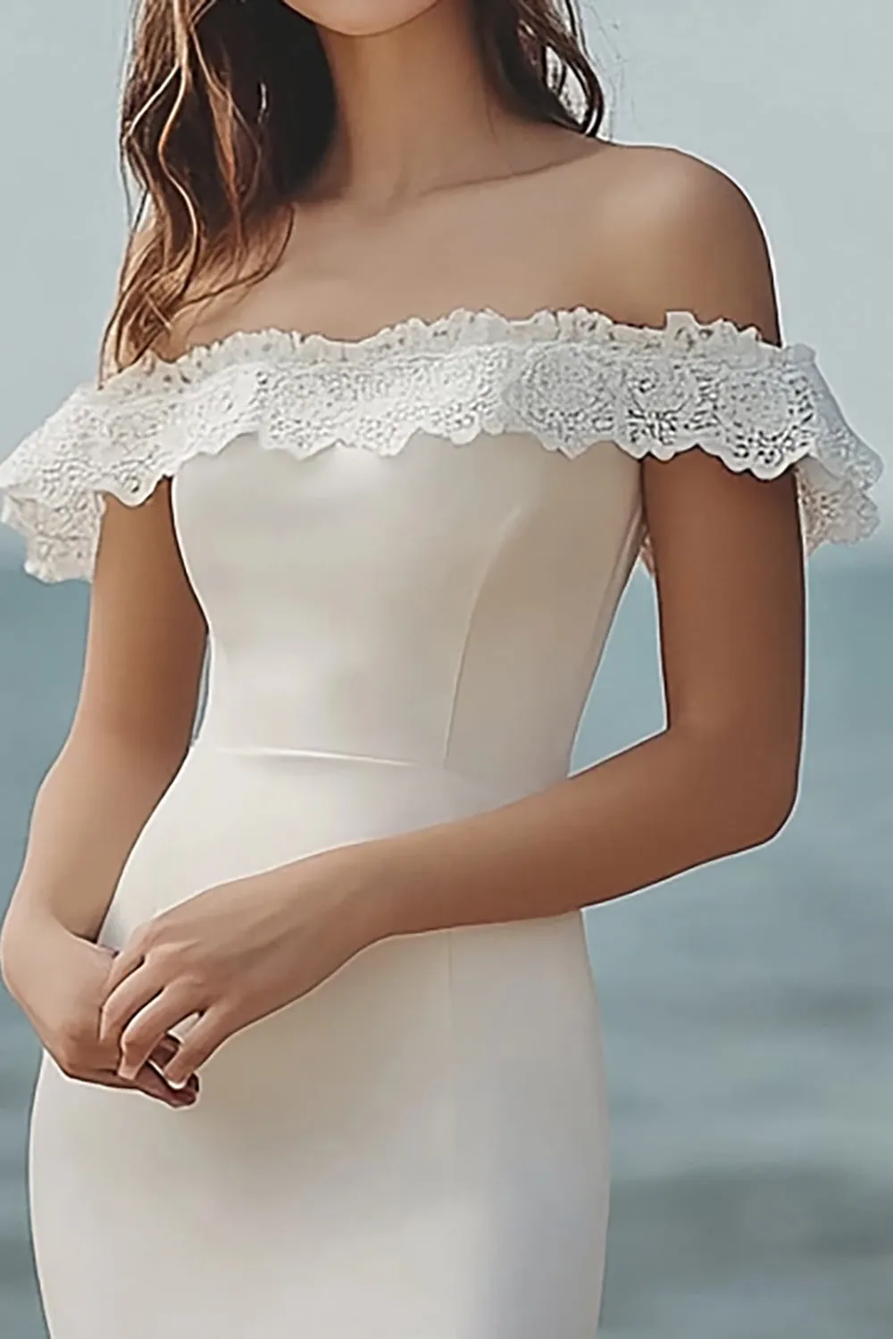 Ivory Off the Shoulder Bodycon Engagement Dress with Lace sold by Zapaka product image thumbnail 2