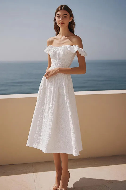 Ivory A Line Off the Shoulder Lace Engagement Dress with Ruffles sold by Zapaka