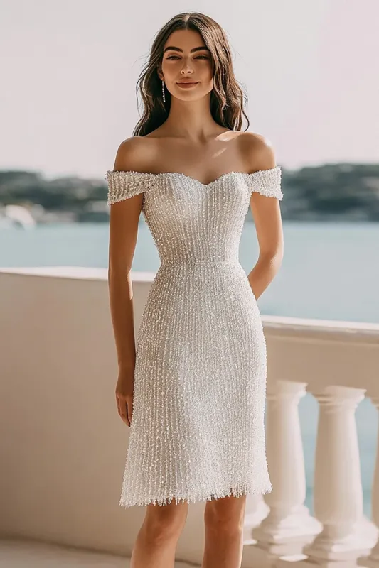 Ivory Off the Shoulder Bodycon Engagement Dress with Sequins sold by Zapaka