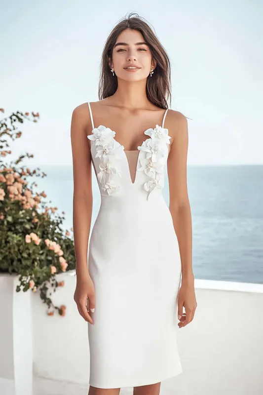 Ivory Spaghetti Straps Bodycon Engagement Dress with 3D Flower sold by Zapaka