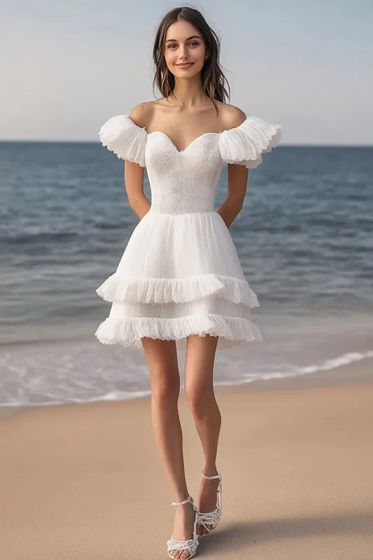 Ivory A Line Off the Shoulder Lace Short Engagement Dress with Ruffles sold by Zapaka