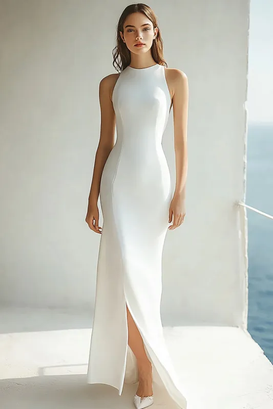 Simple Sheath Satin Ivory Engagement Dress with Slit sold by Zapaka