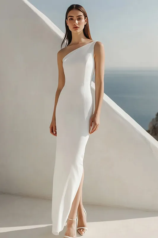 One Shoulder Sheath Satin Ivory Engagement Dress sold by Zapaka