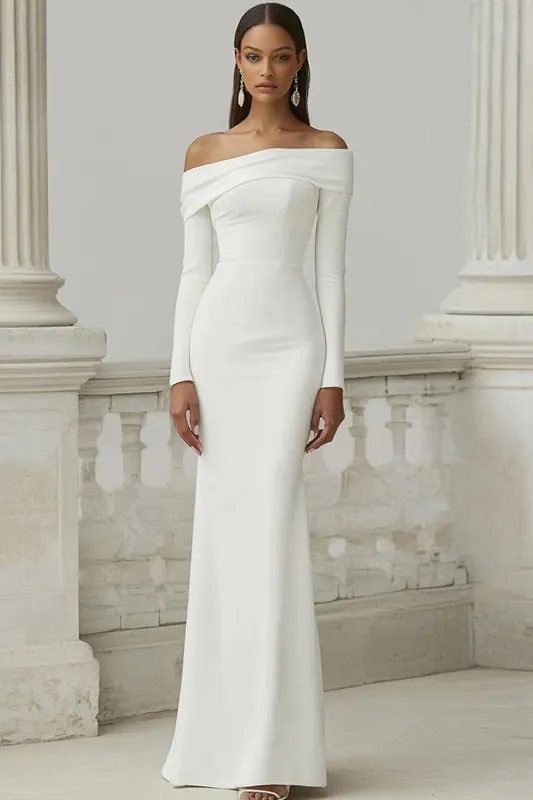Ivory Matte Satin Sheath Off the Shoulder Engagament Dress sold by Zapaka