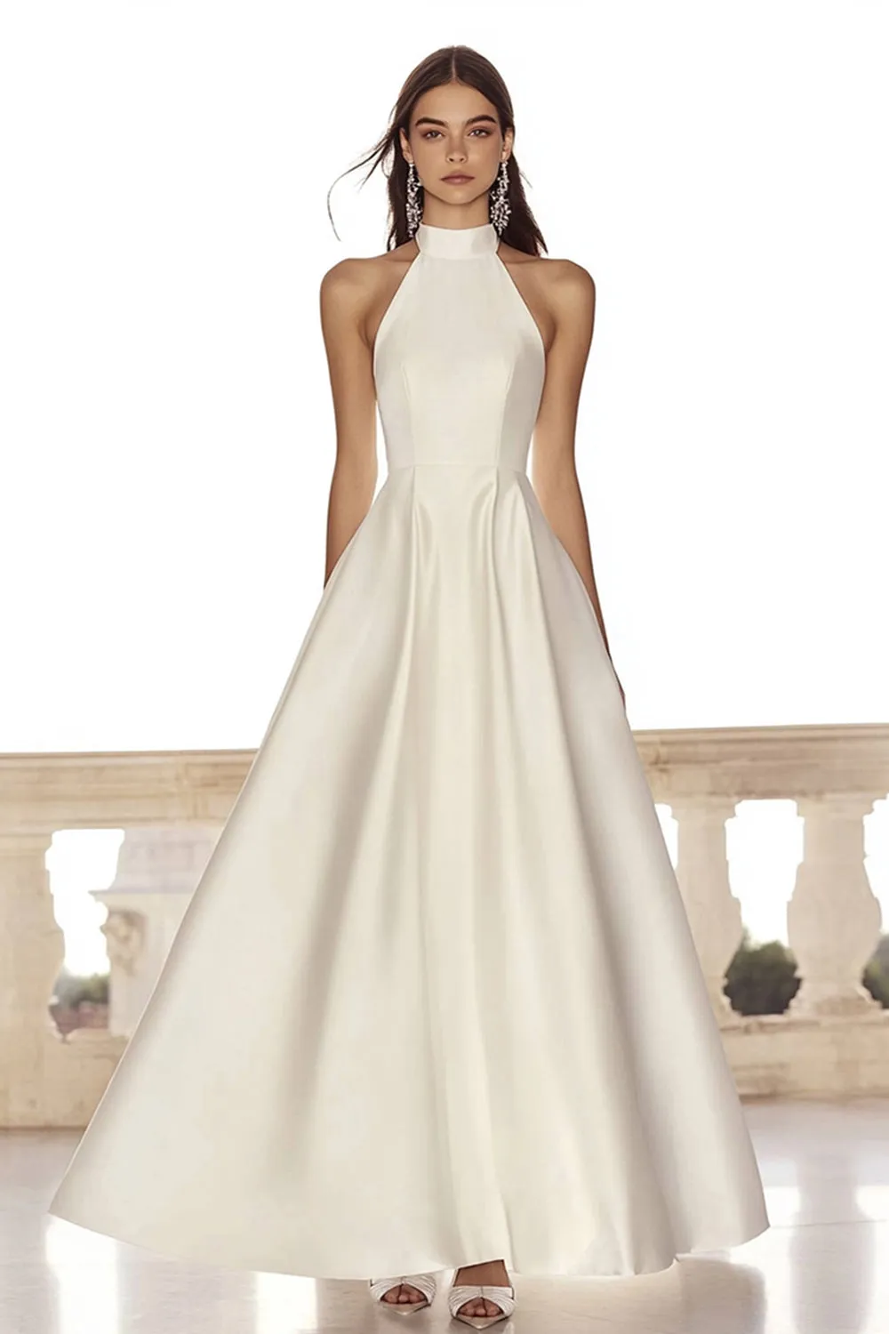 High Neck A Line Satin Ivory Engagement Dress sold by Zapaka