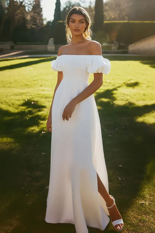 Ivory Satin Puff Sleeves Long Rehearsal Dinner Dress with Slit sold by Zapaka
