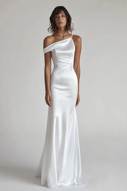 Ivory Satin One Shoulder Mermaid Long Rehearsal Dinner Dress sold by Zapaka