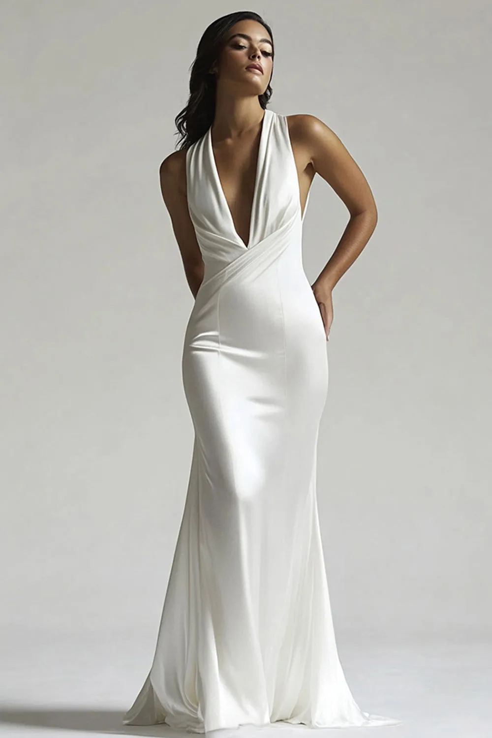 Ivory Deep V-Neck Satin Mermaid Long Wedding Reception Dress sold by Zapaka