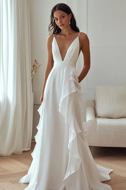 Ivory Chiffon Deep V-Neck Long Rehearsal Dinner Dress with Ruffles sold by Zapaka