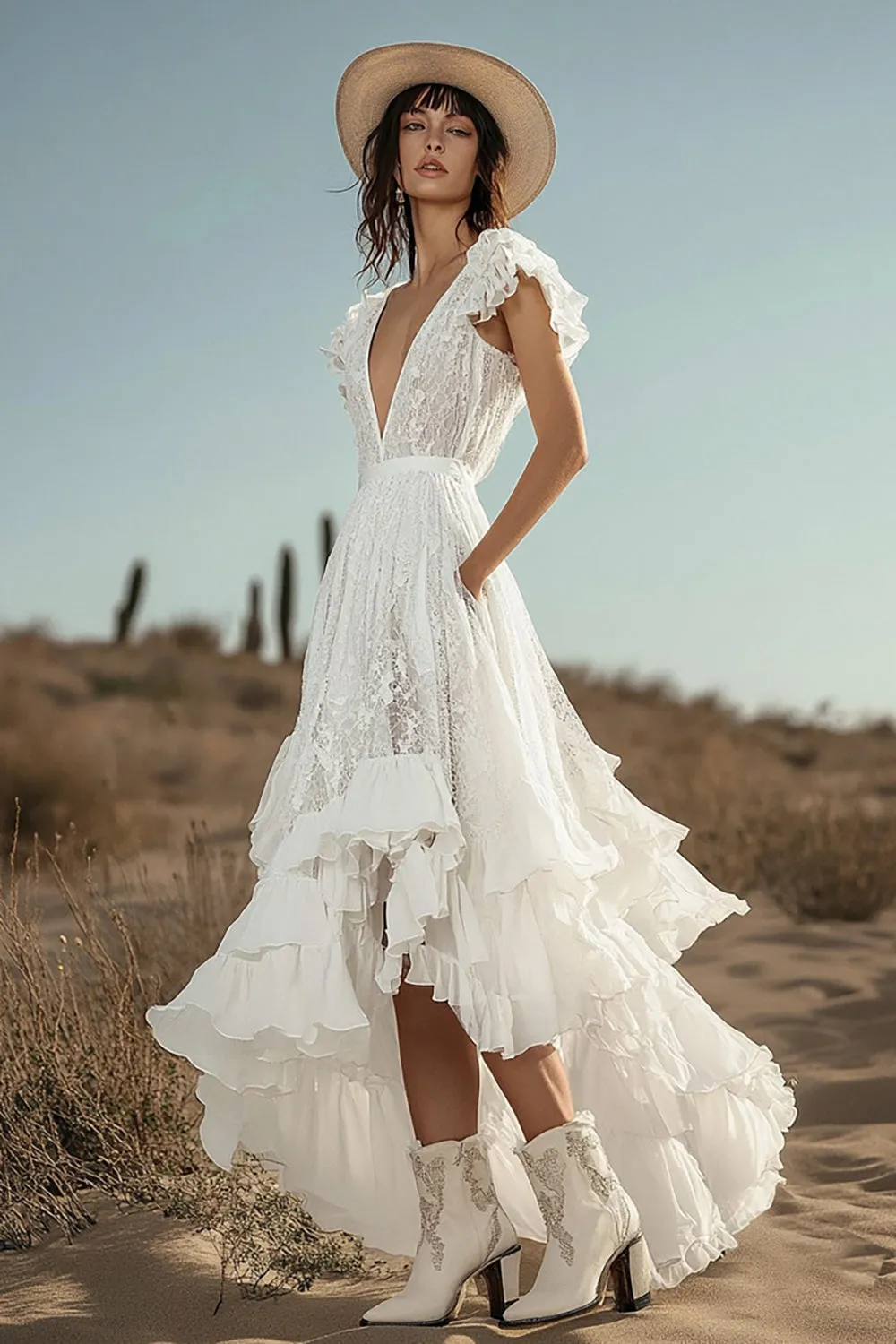 Ivory Lace A Line V-Neck Long Engagement Dress with Ruffles sold by Zapaka
