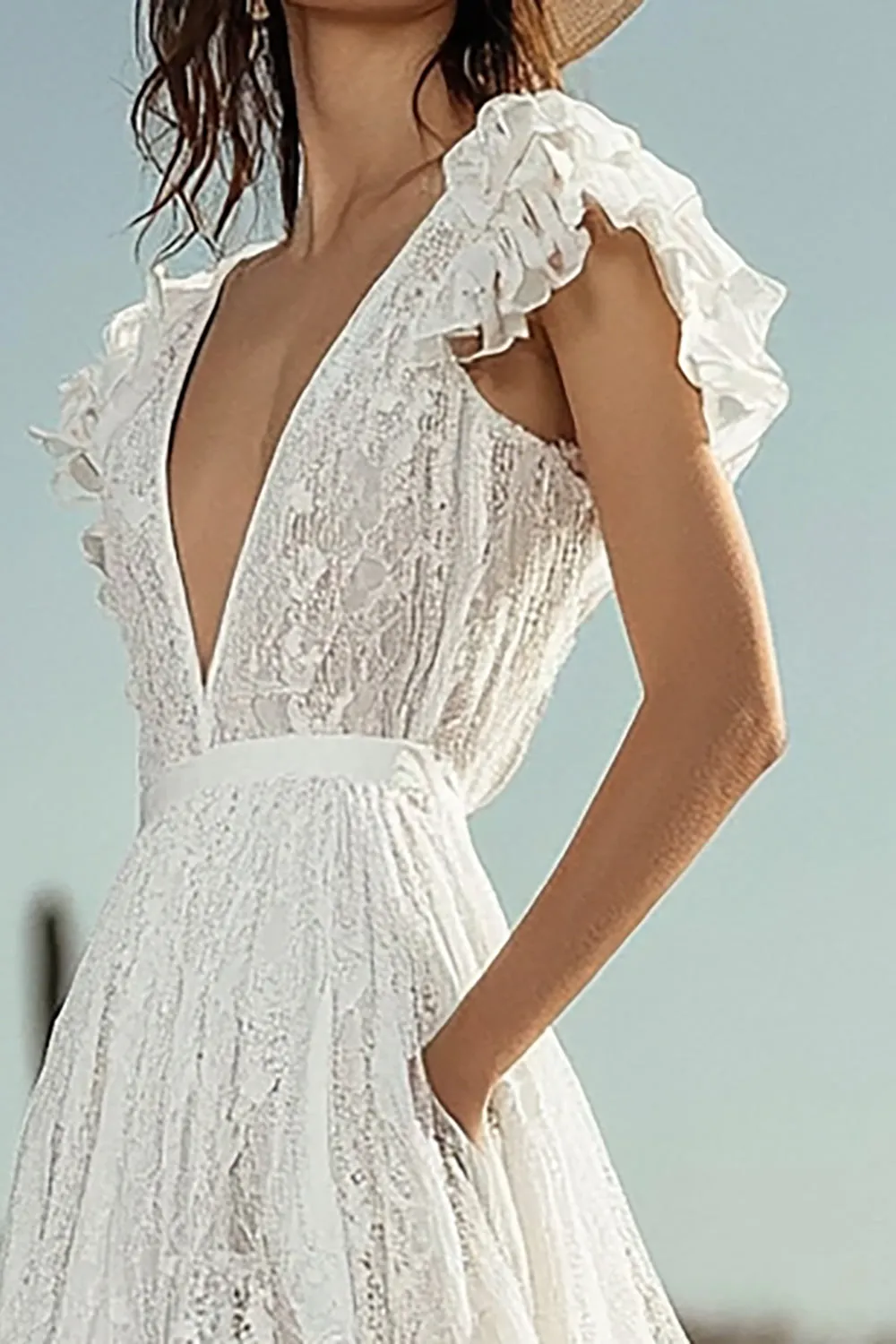 Ivory Lace A Line V-Neck Long Engagement Dress with Ruffles sold by Zapaka product image thumbnail 2