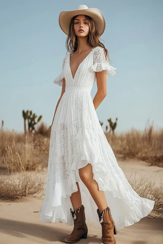 Ivory A Line V-Neck Lace Long Engagement Dress sold by Zapaka